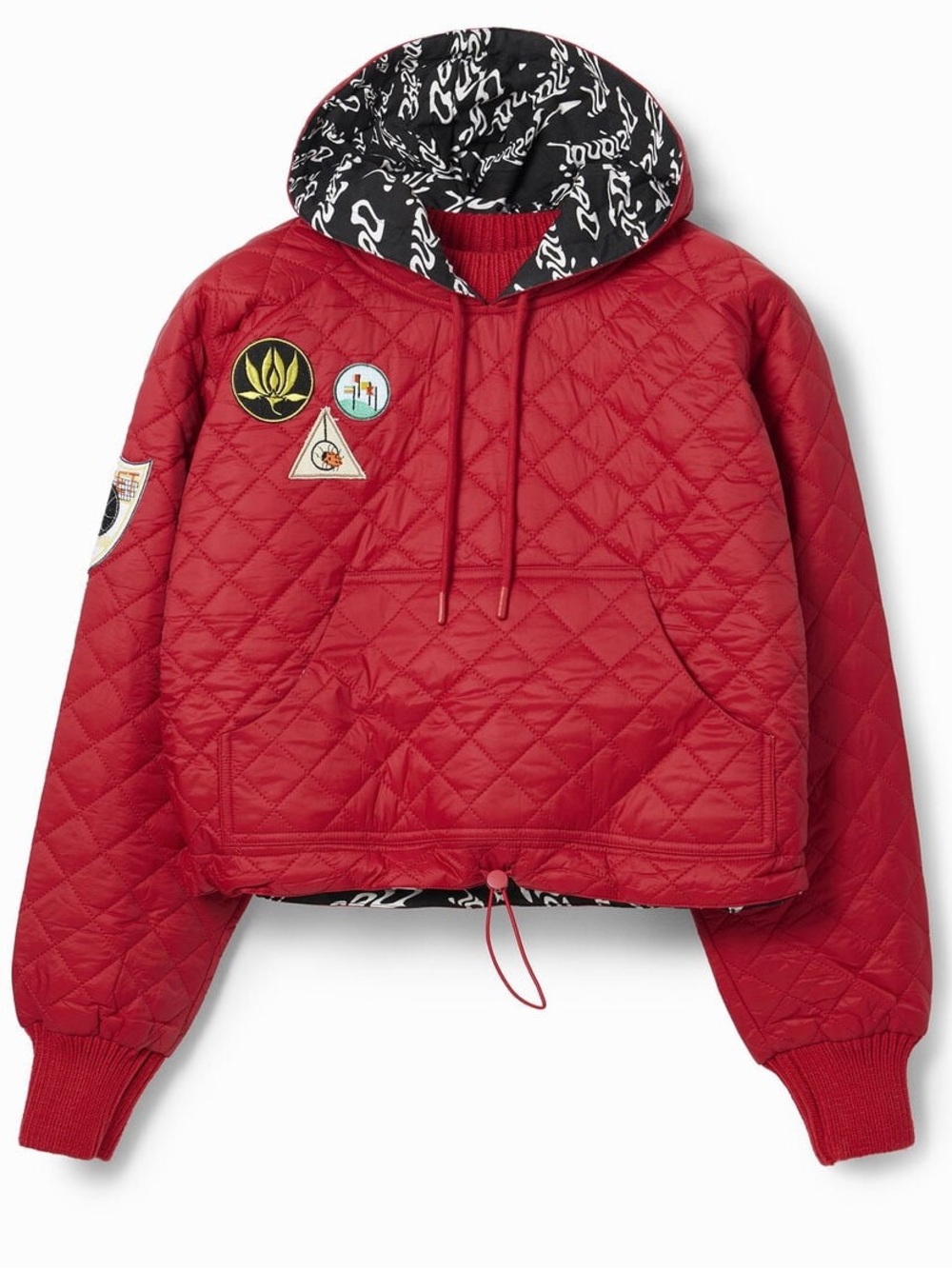 DESIGUAL Red Quilted Padded Hoodie With Patches Cropped Sz S NWT Puffer Pullover